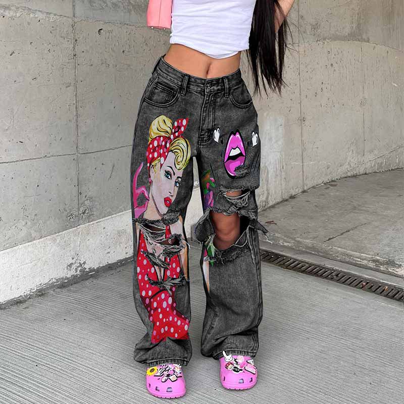 Fashion Girls Lips Print Y2K Ripped Straight Jeans 03 | Gthic.com