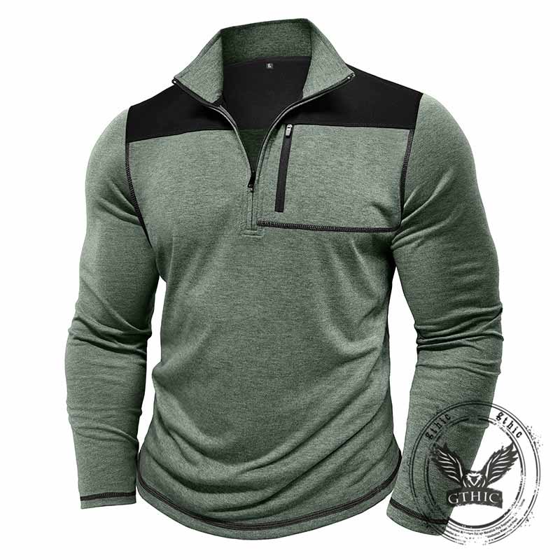 Fashion Half-Zip Stand-Up Collar Color-Blocked Top