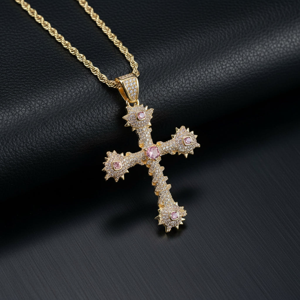 Fashion Heart Zircon Inlaid Copper Cross Pendant