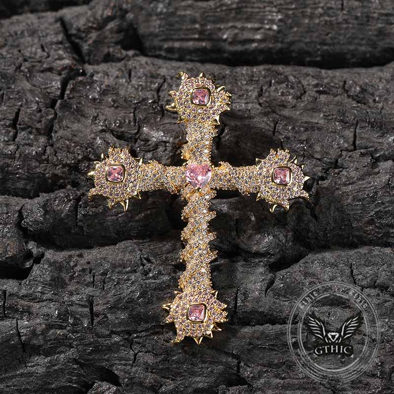 Fashion Heart Zircon Inlaid Copper Cross Pendant