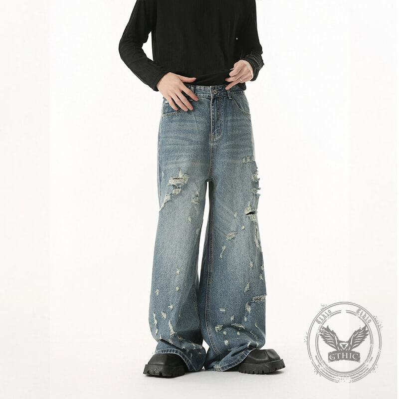 Fashion High Street Irregular Distressed Straight Jeans | Gthic.com