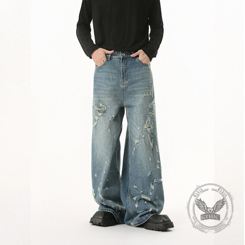 Fashion High Street Irregular Distressed Straight Jeans | Gthic.com