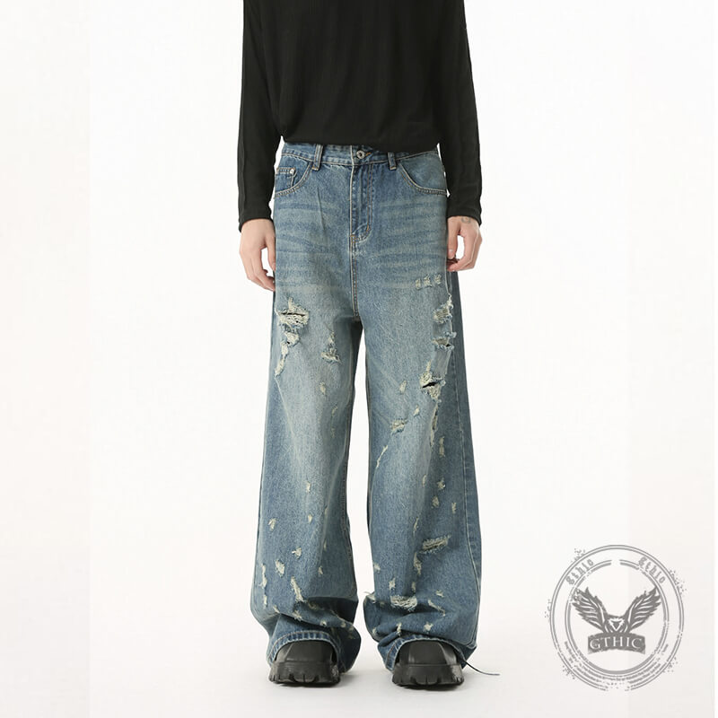 Fashion High Street Irregular Distressed Straight Jeans | Gthic.com