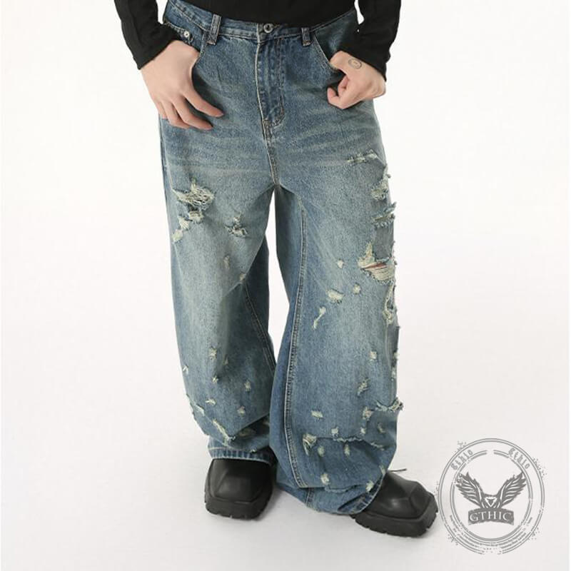 Fashion High Street Irregular Distressed Straight Jeans | Gthic.com