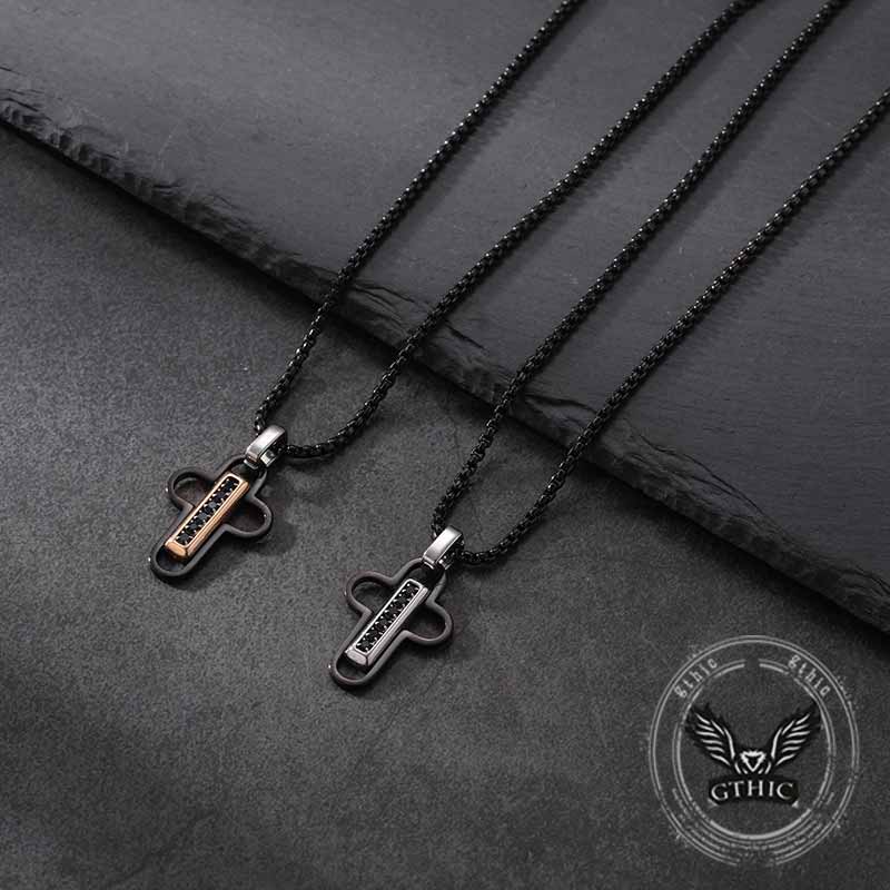 Fashion Hollow Cross Diamond-Set Stainless Steel Pendant 01 | Gthic.com