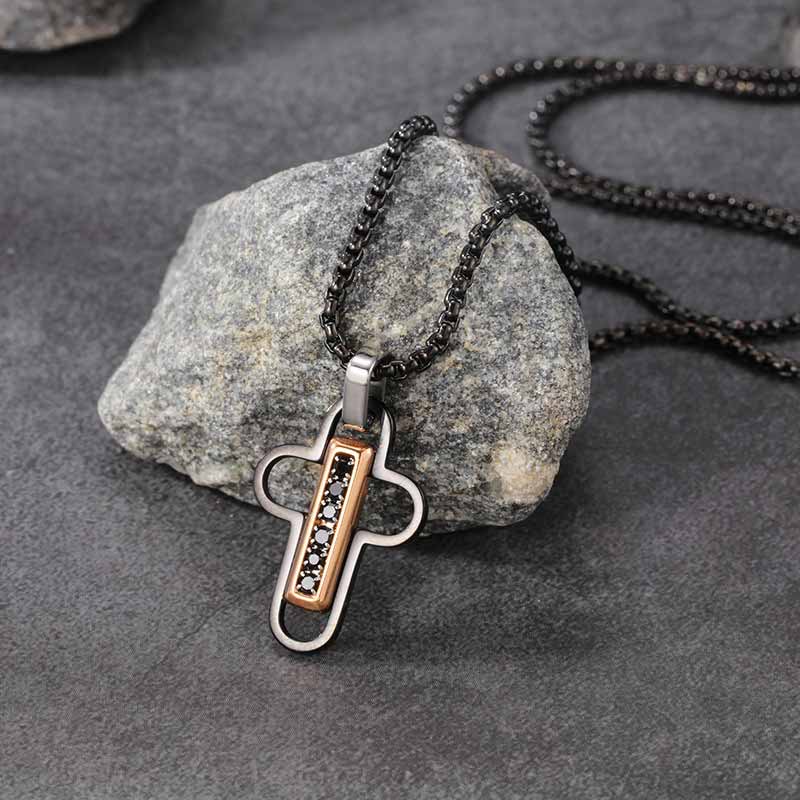 Fashion Hollow Cross Diamond-Set Stainless Steel Pendant