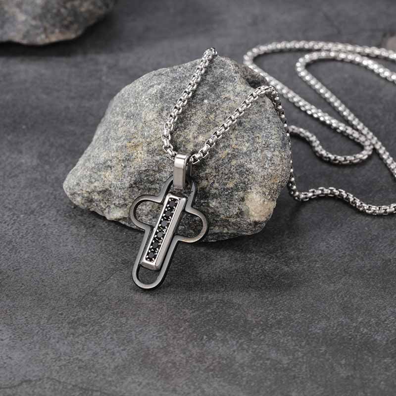 Fashion Hollow Cross Diamond-Set Stainless Steel Pendant