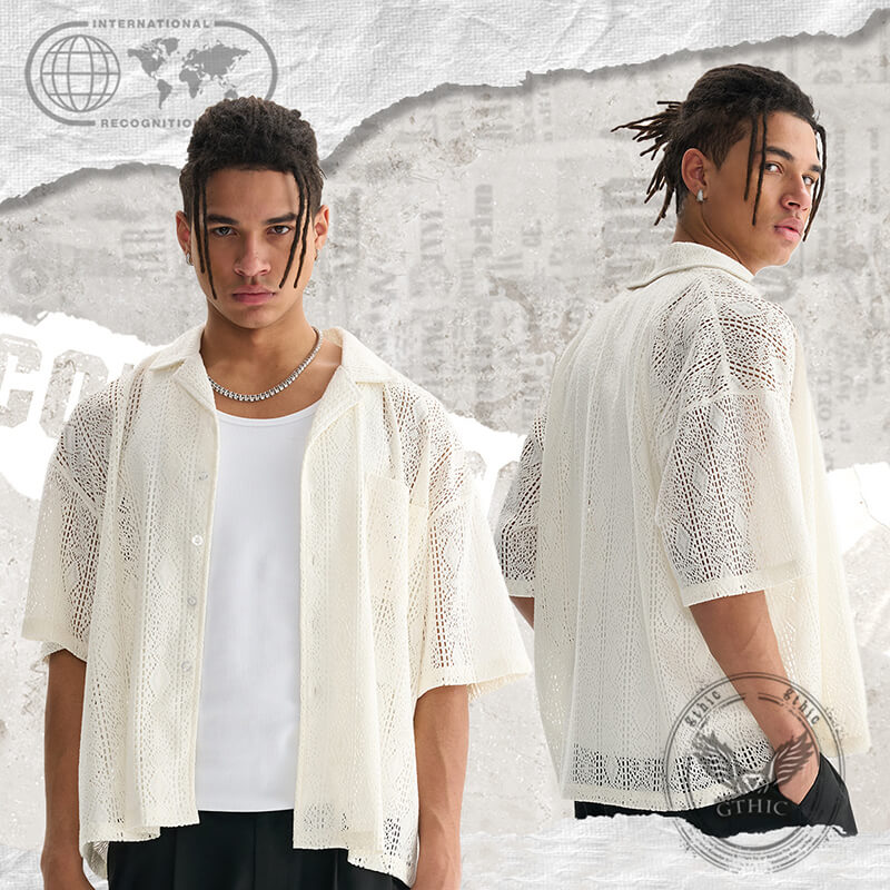 Fashion Hollow Mesh Crochet See-through Lace Shirt | Gthic.com
