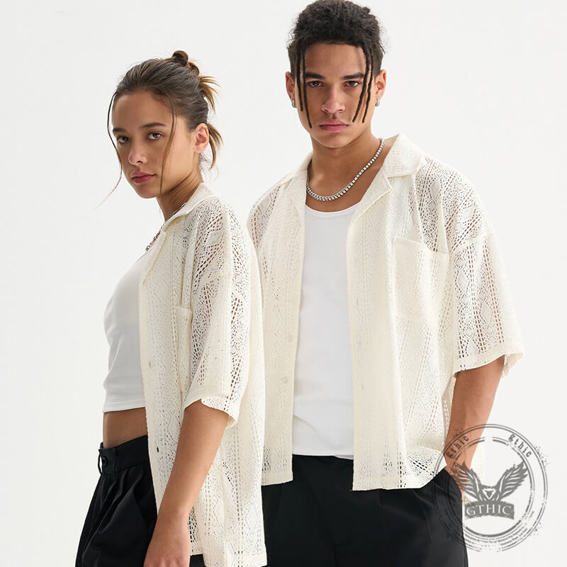 Fashion Hollow Mesh Crochet See-through Lace Shirt | Gthic.com