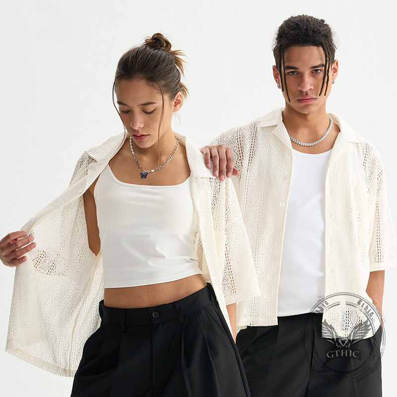 Fashion Hollow Mesh Crochet See-through Lace Shirt | Gthic.com