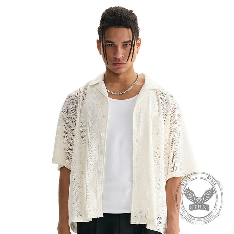 Fashion Hollow Mesh Crochet See-through Lace Shirt | Gthic.com