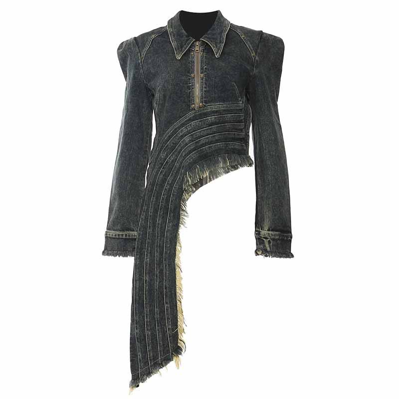 Fashion Irregular Cut Half-Zip Lapel Denim Jacket | Gthic.com