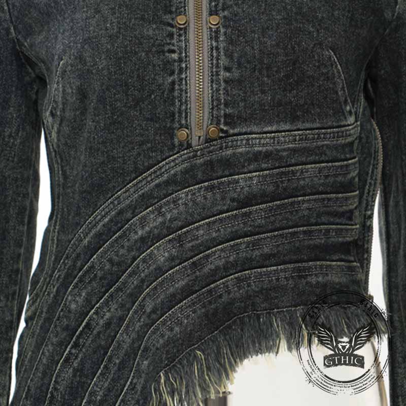 Fashion Irregular Cut Half-Zip Lapel Denim Jacket
