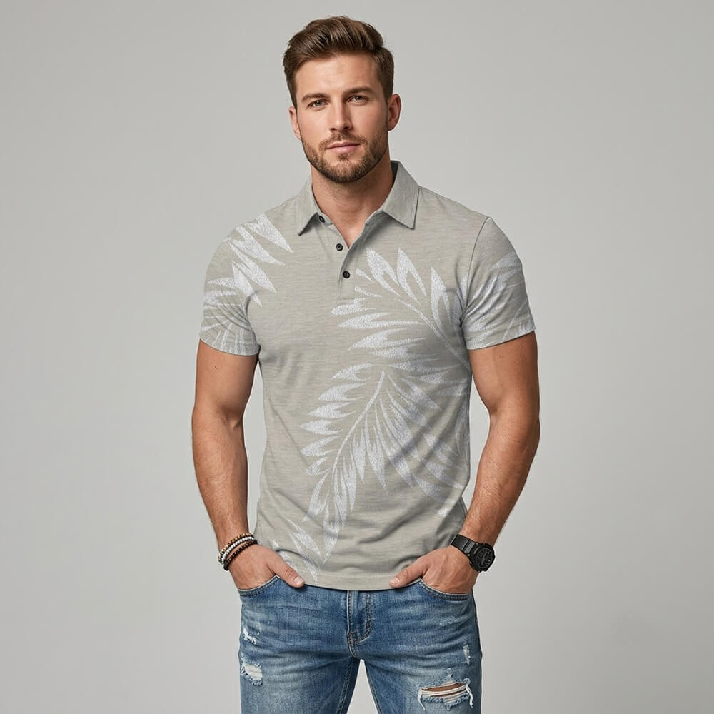 Fashion Leaf Print Short Sleeve Lapel Polo Shirt