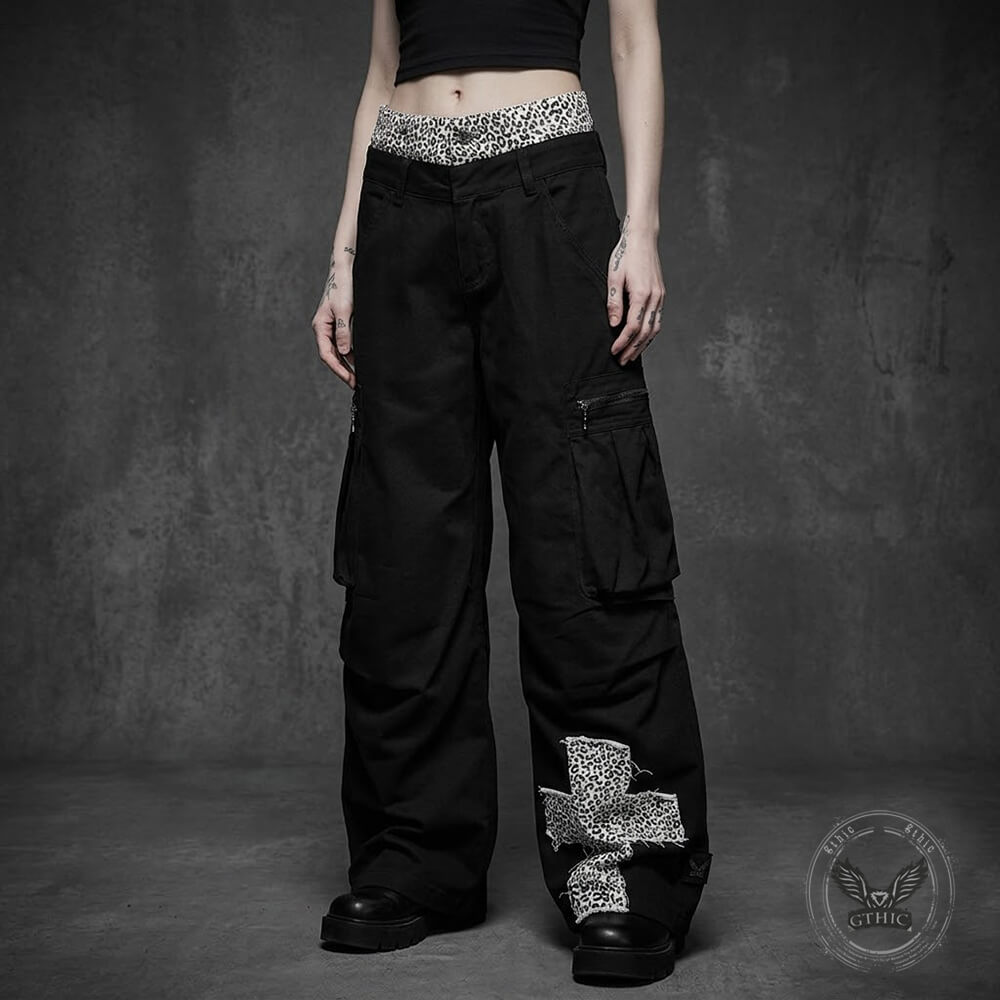 Fashion Leopard-Print Patchwork Loose Wide-Leg Scimitar Pants | Gthic.com
