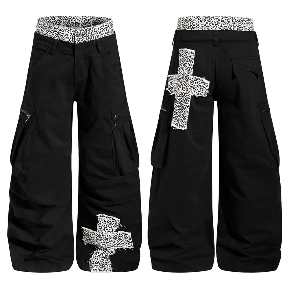 Fashion Leopard-Print Patchwork Loose Wide-Leg Scimitar Pants | Gthic.com