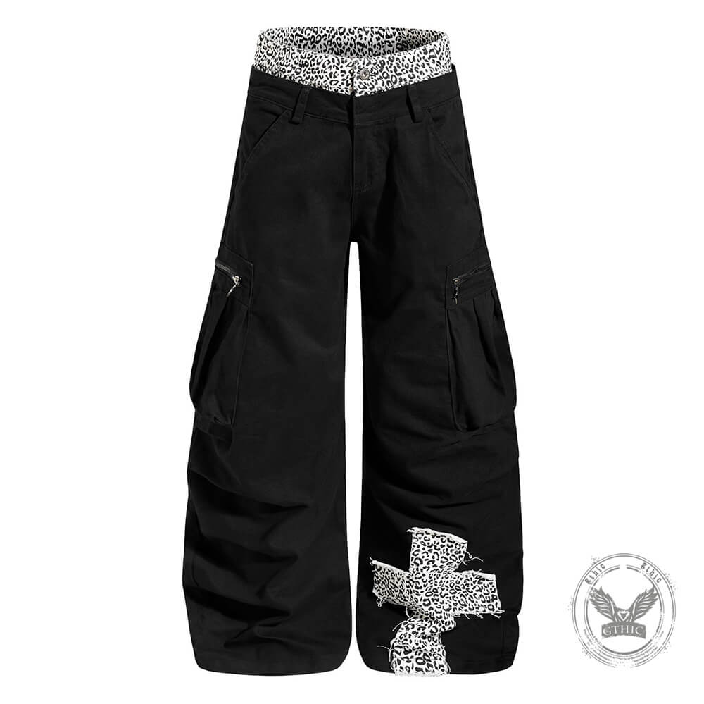 Fashion Leopard-Print Patchwork Loose Wide-Leg Scimitar Pants | Gthic.com