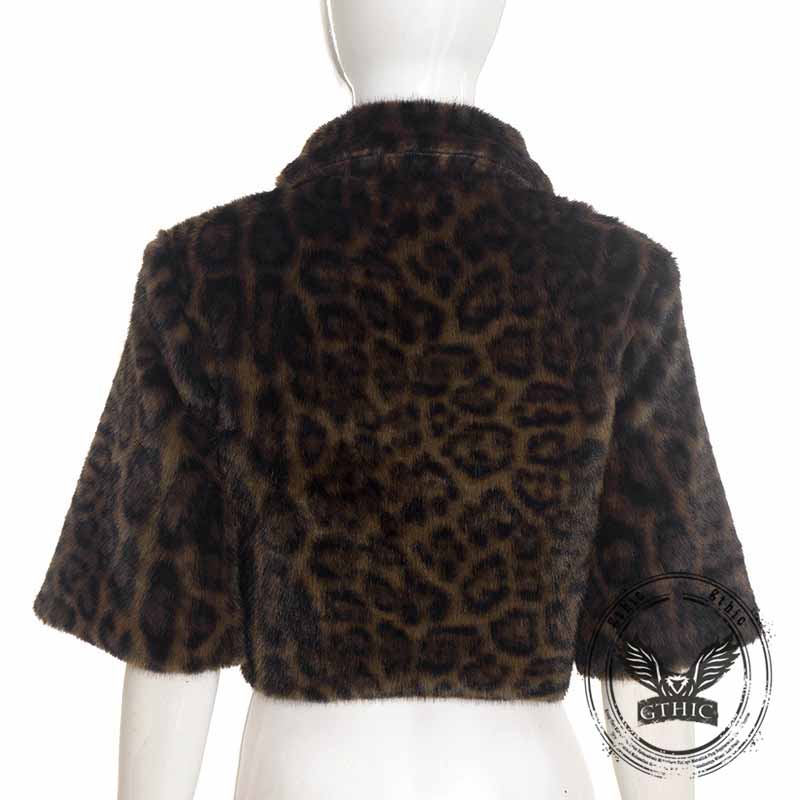 Fashion Leopard Print Lapel Plush Zip Short Top