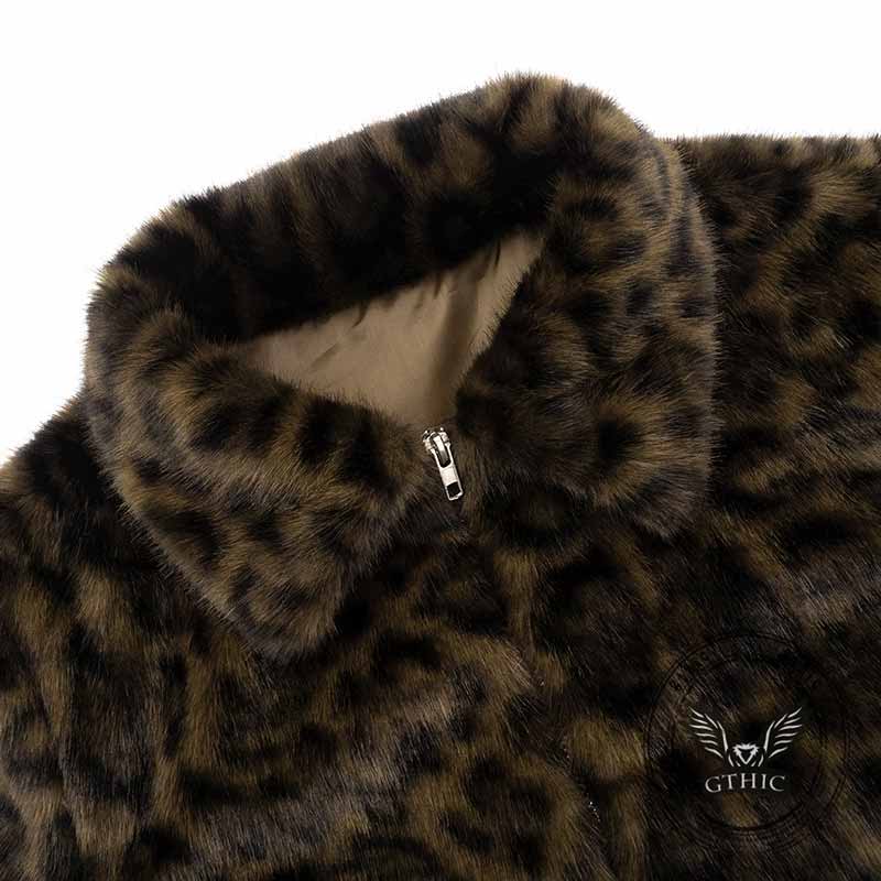 Fashion Leopard Print Lapel Plush Zip Short Top