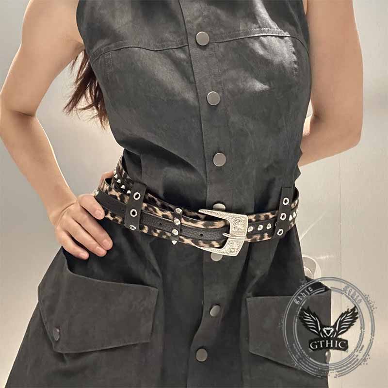 Fashion Leopard Print Rivet Splicing PU Leather Belt 02 | Gthic.com