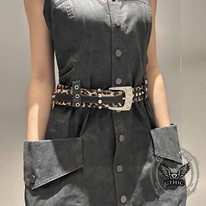 Fashion Leopard Print Rivet Splicing PU Leather Belt 03 | Gthic.com