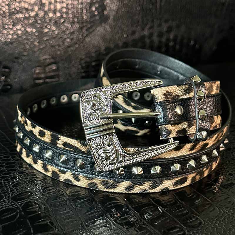 Fashion Leopard Print Rivet Splicing PU Leather Belt