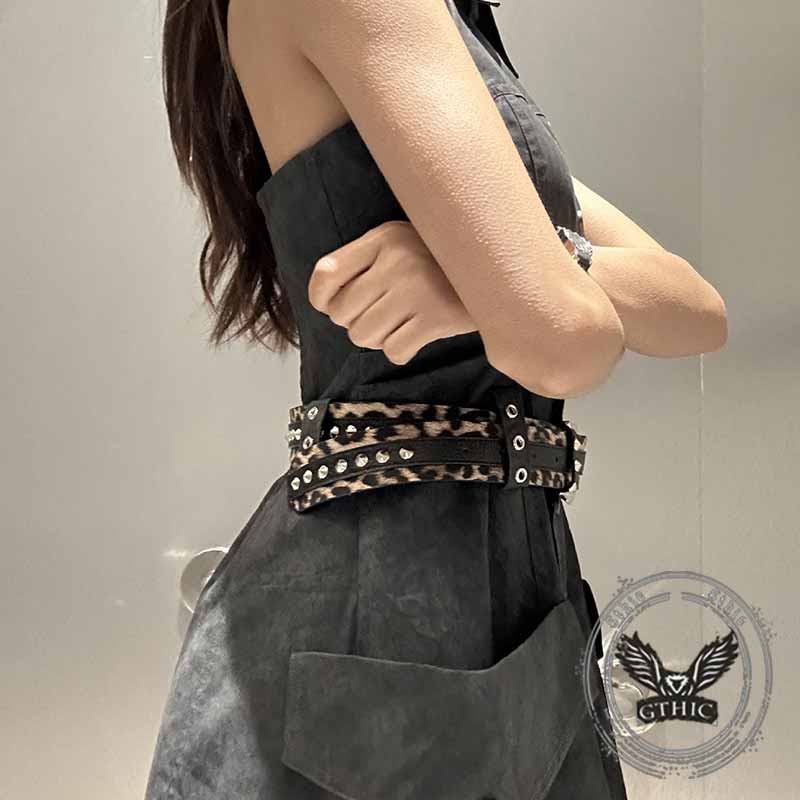 Fashion Leopard Print Rivet Splicing PU Leather Belt
