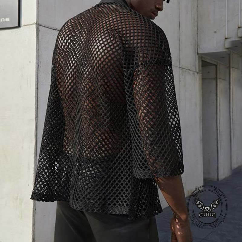 Fashion Mesh Hollow Long Sleeve Shawl Shirt 02 | Gthic.com