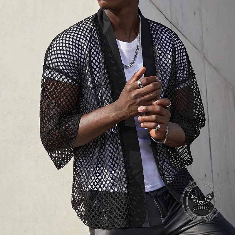 Fashion Mesh Hollow Long Sleeve Shawl Shirt 03 | Gthic.com