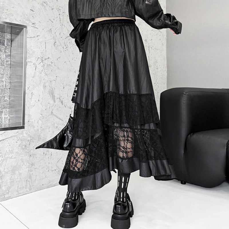 Fashion Mid-Length Lace Paneled A-Line Skirt 03 | Gthic.com