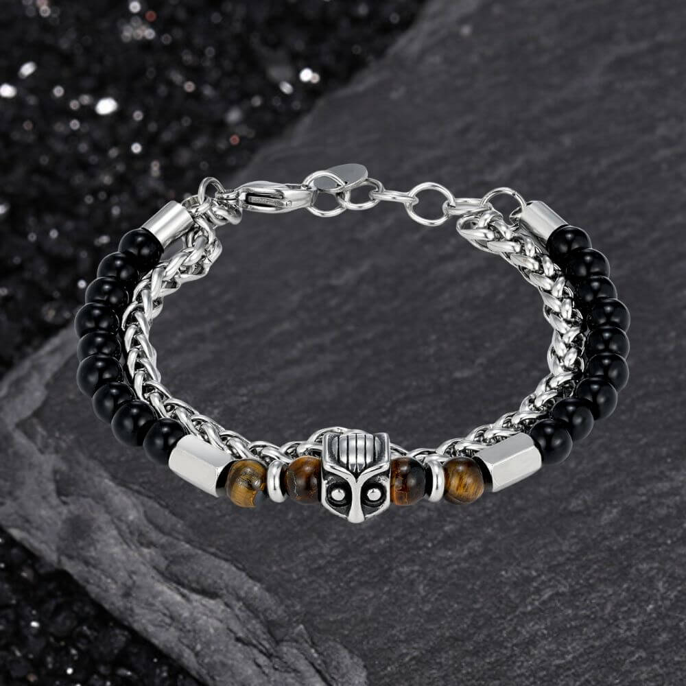 Bracelet de perles en acier inoxydable pour homme avec crâne croisé