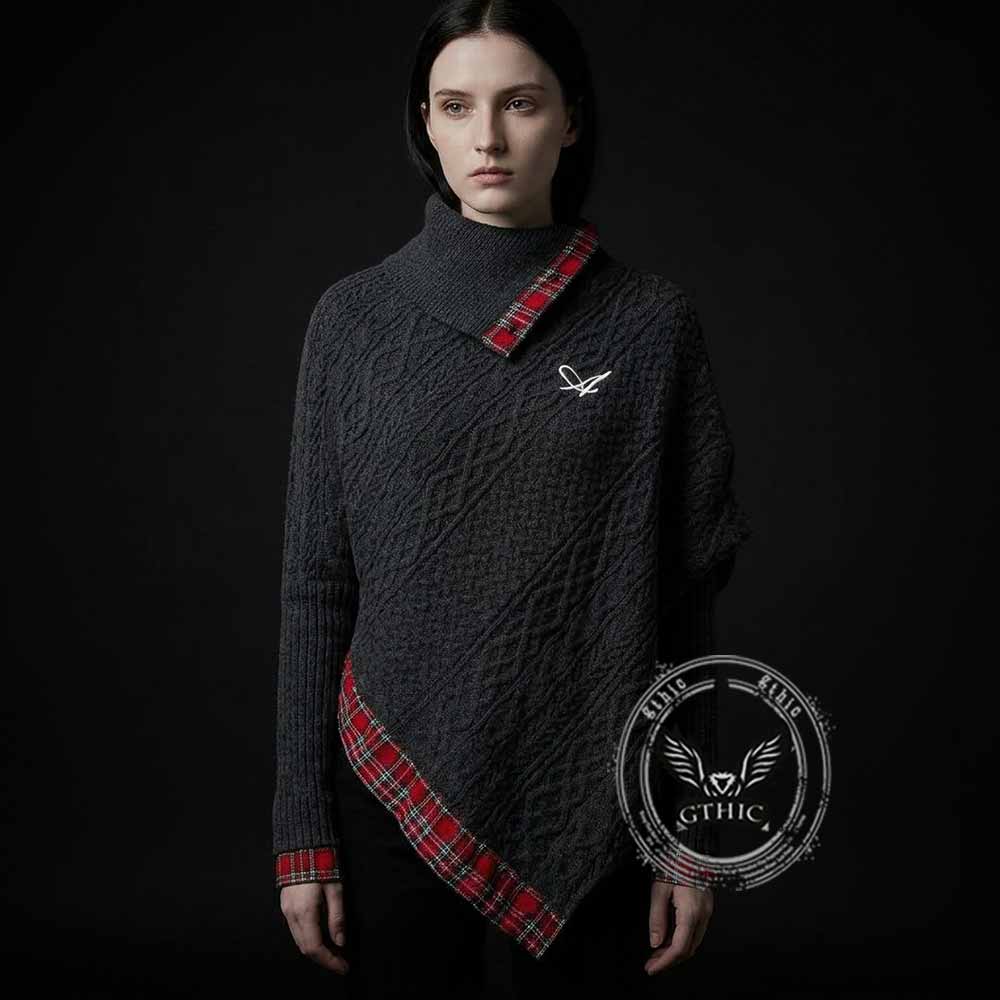 Fashion Plaid Patchwork Irregular Stand Collar Sweater | Gthic.com