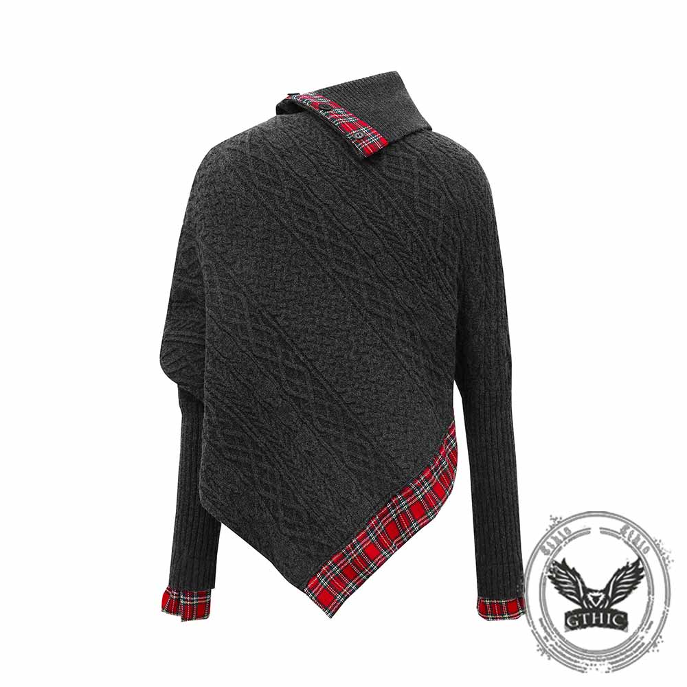 Fashion Plaid Patchwork Irregular Stand Collar Sweater
