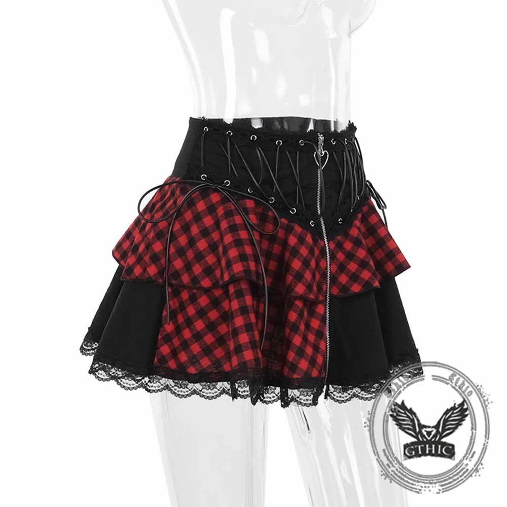 Fashion Plaid Patchwork Lace Trim Zipper Skirt | Gthic.com