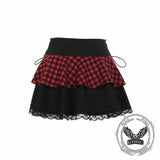 Fashion Plaid Patchwork Lace Trim Zipper Skirt