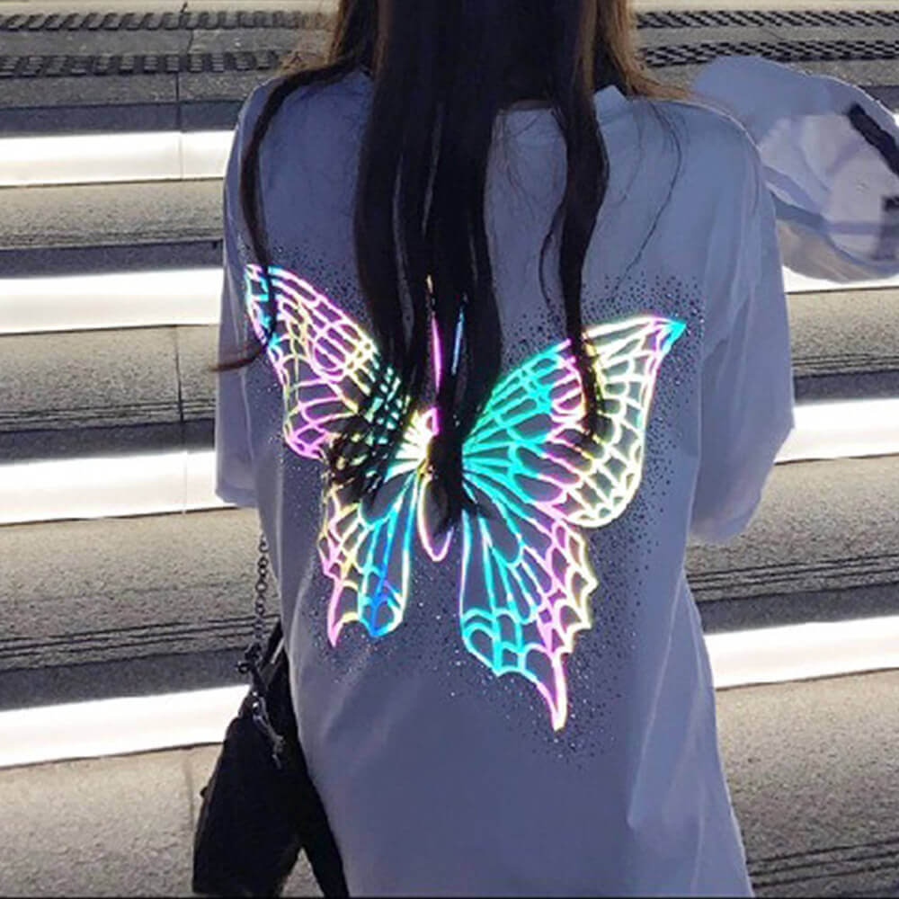 Fashion Reflective Butterfly Print Loose T-Shirt | Gthic.com