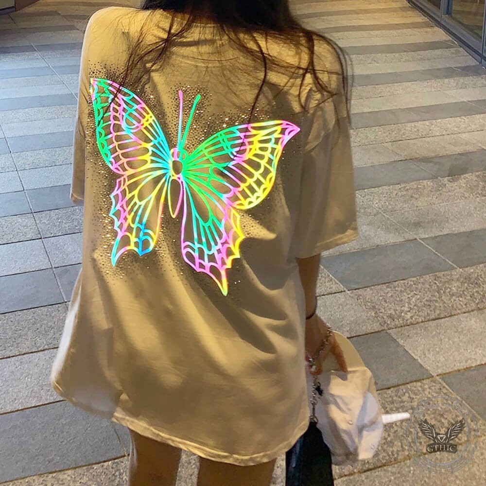 Fashion Reflective Butterfly Print Loose T-Shirt