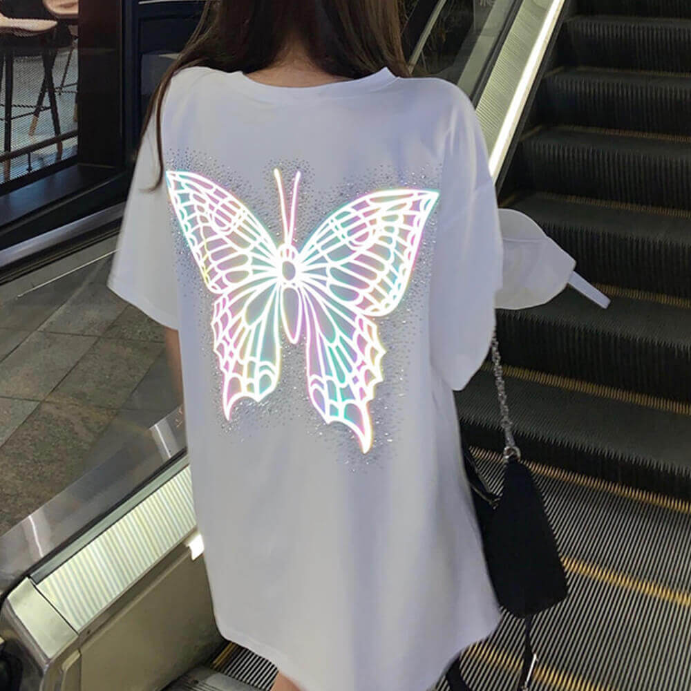 Fashion Reflective Butterfly Print Loose T-Shirt | Gthic.com