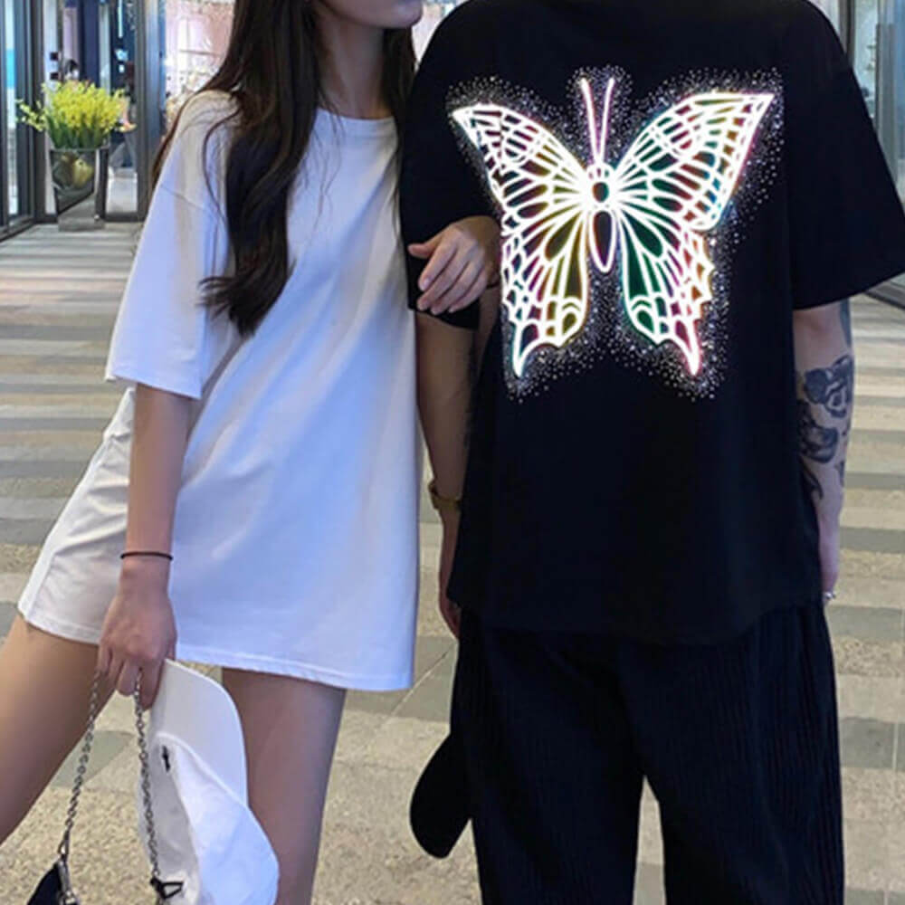 Fashion Reflective Butterfly Print Loose T-Shirt | Gthic.com
