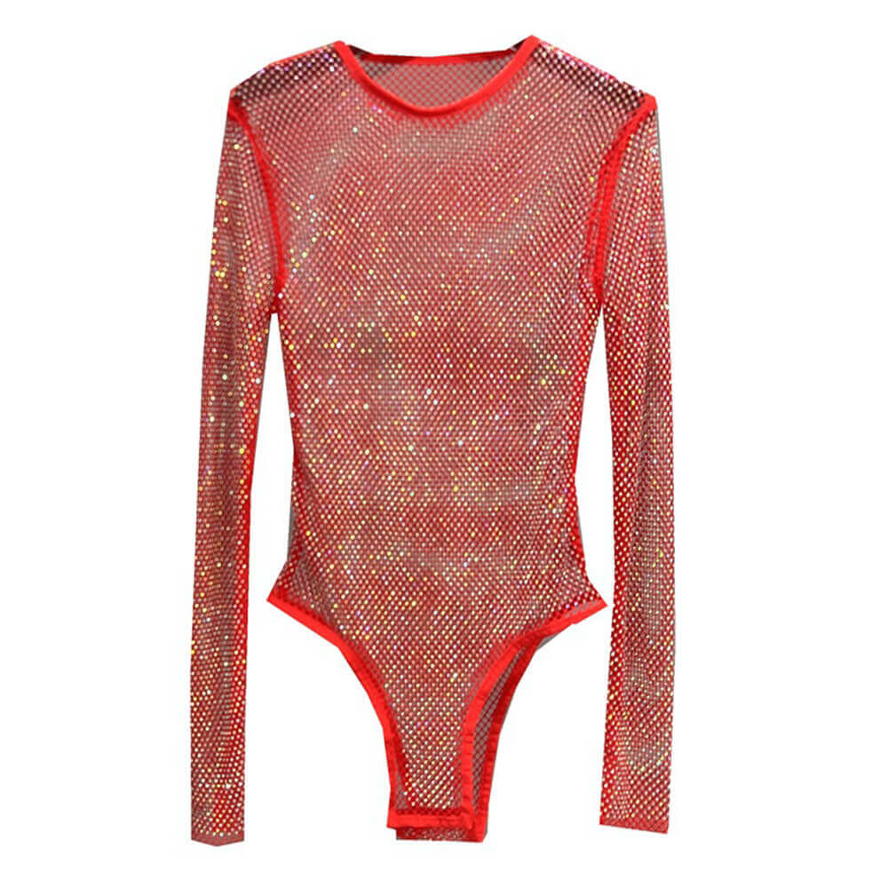 Fashion Shiny Rhinestone Fishnet See-Through Bodysuit