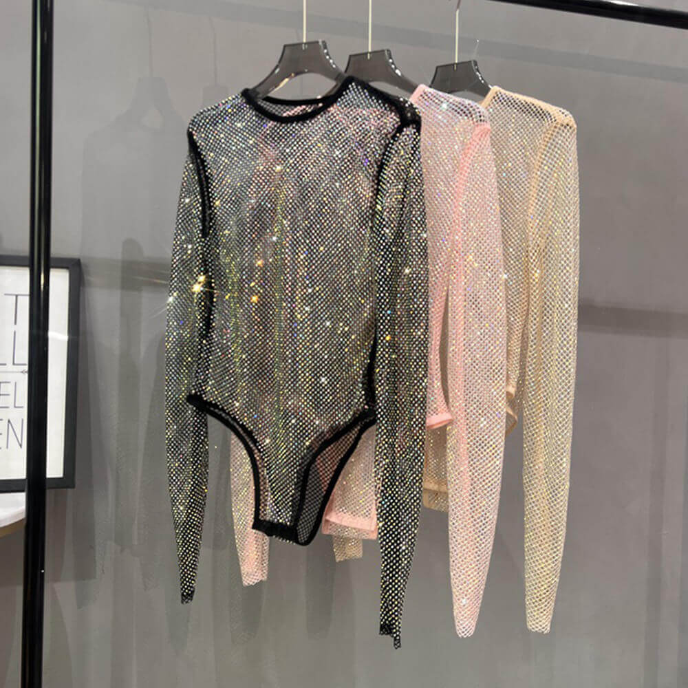 See Through Rhinestone Fashion Shiny Rhinestone Fishnet See-Through Bodysuit – GTHIC