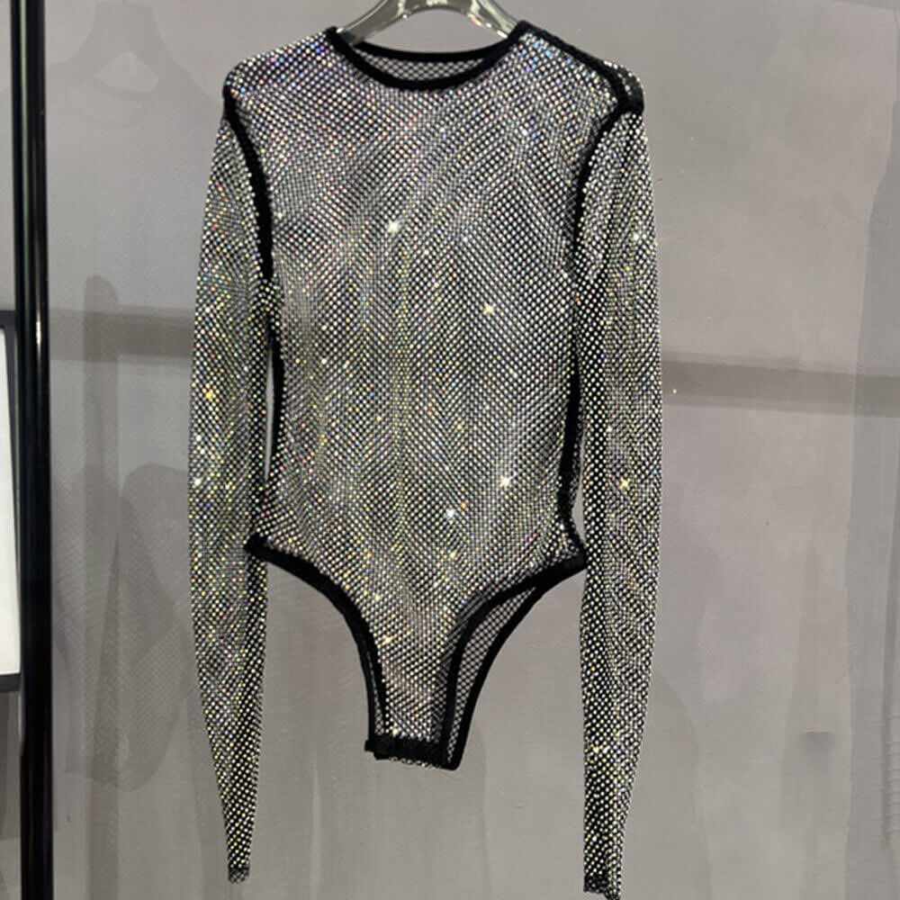 See Through Rhinestone Fashion Shiny Rhinestone Fishnet See-Through Bodysuit – GTHIC