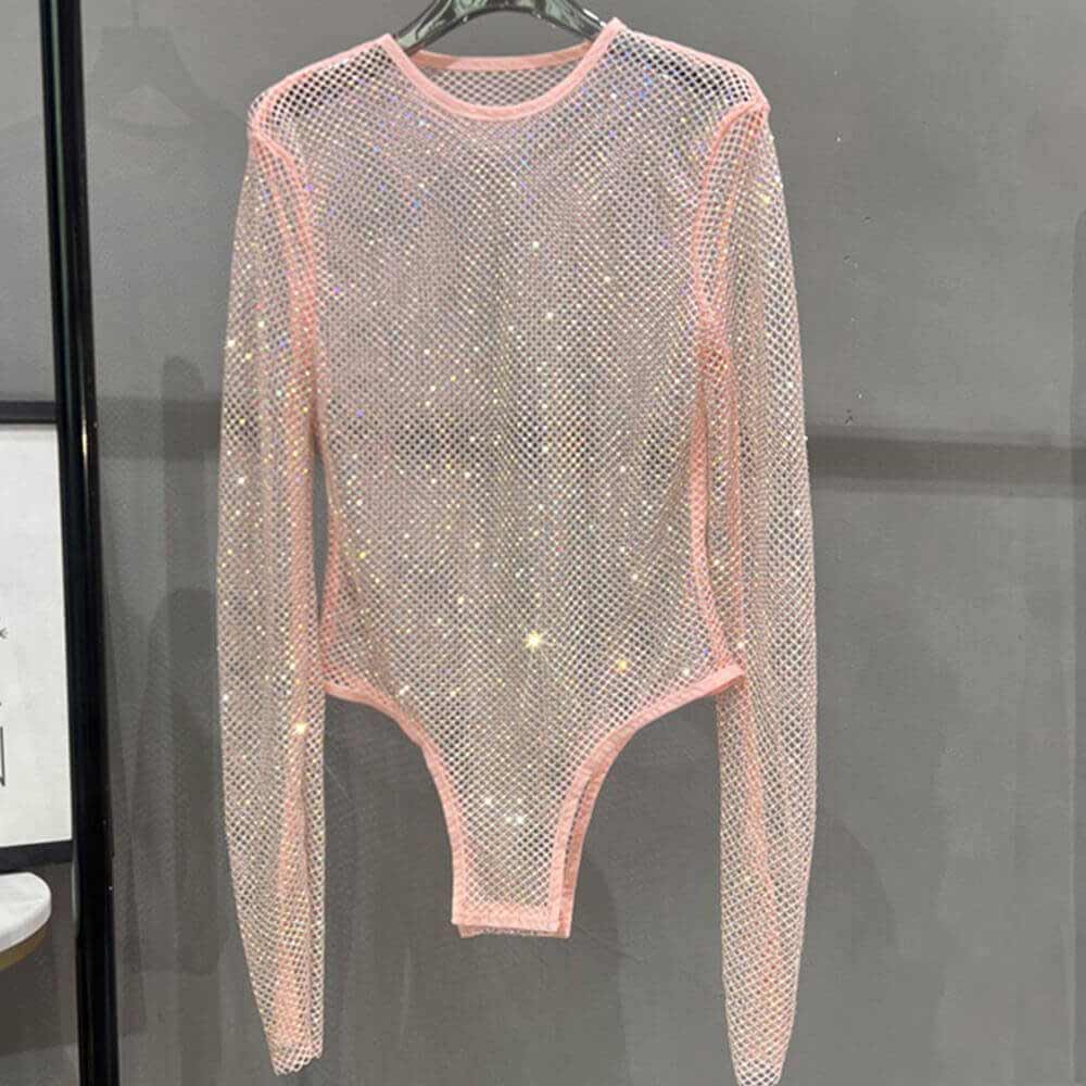 Fashion Shiny Rhinestone Fishnet See-Through Bodysuit