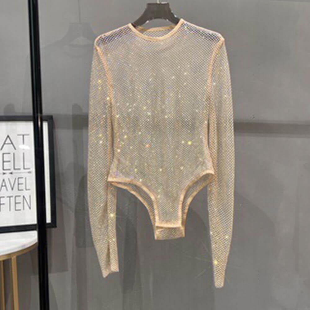 Fashion Shiny Rhinestone Fishnet See-Through Bodysuit