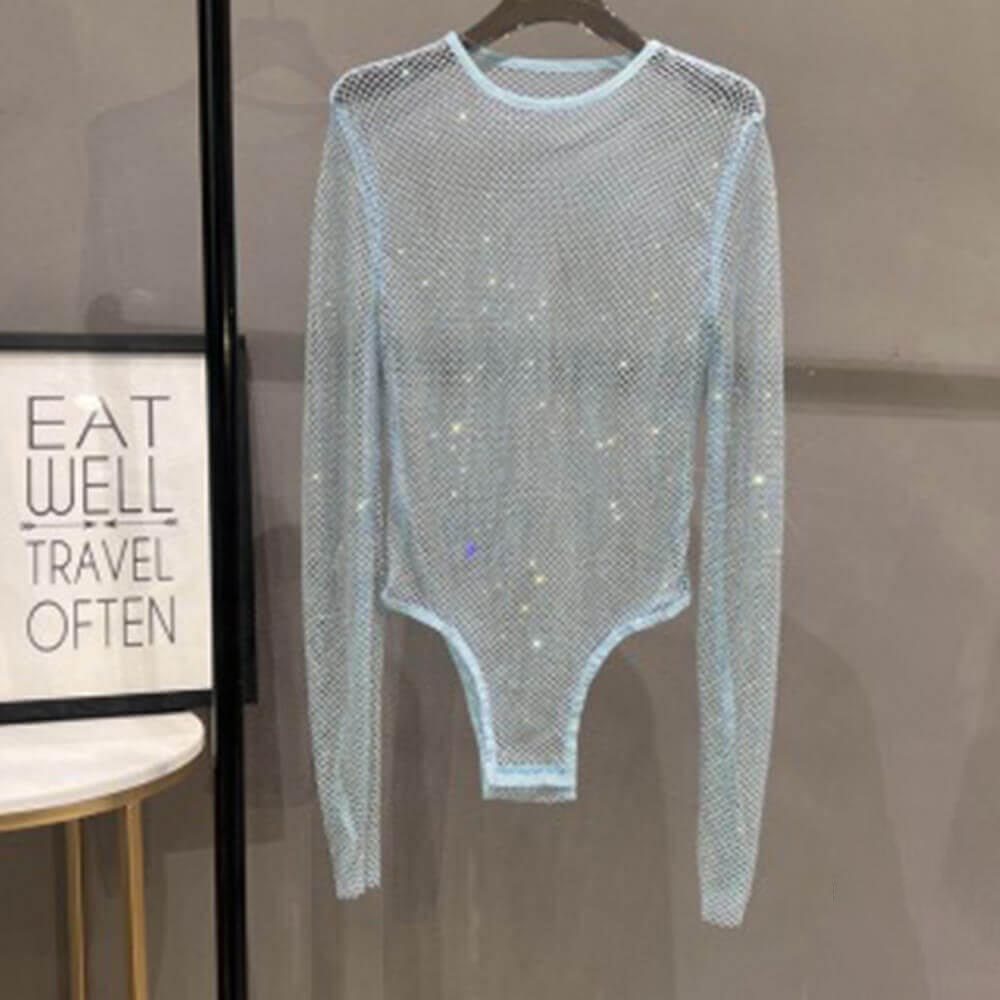 Fashion Shiny Rhinestone Fishnet See-Through Bodysuit