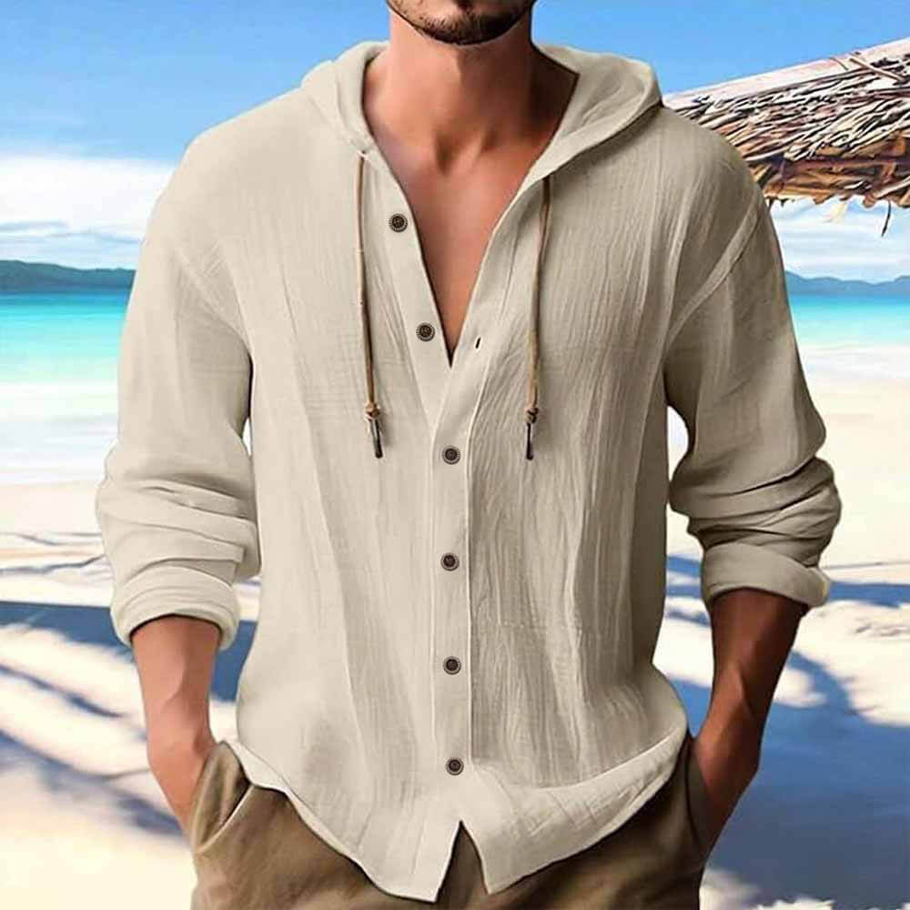 Fashion Solid Color Linen Casual Hooded Shirt