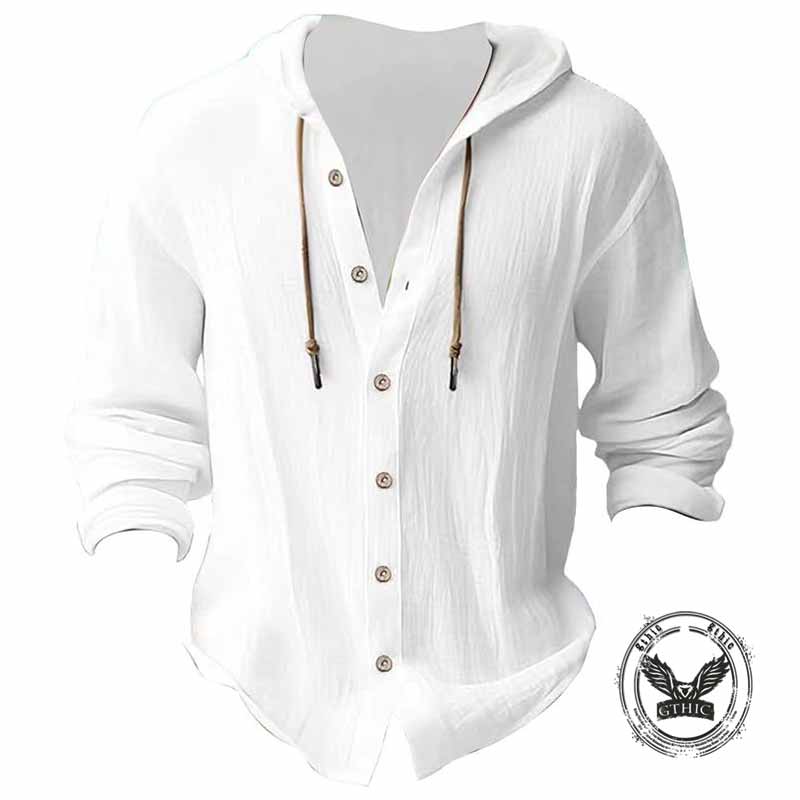 Fashion Solid Color Linen Casual Hooded Shirt