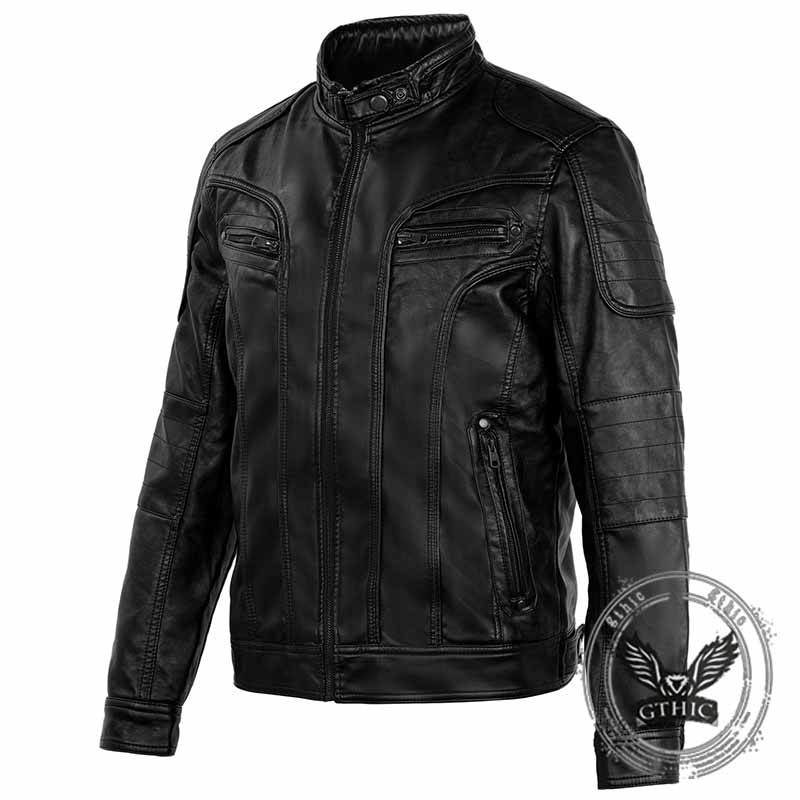 Fashion Solid Stand Collar PU Leather Cycling Jacket 01 | Gthic.com