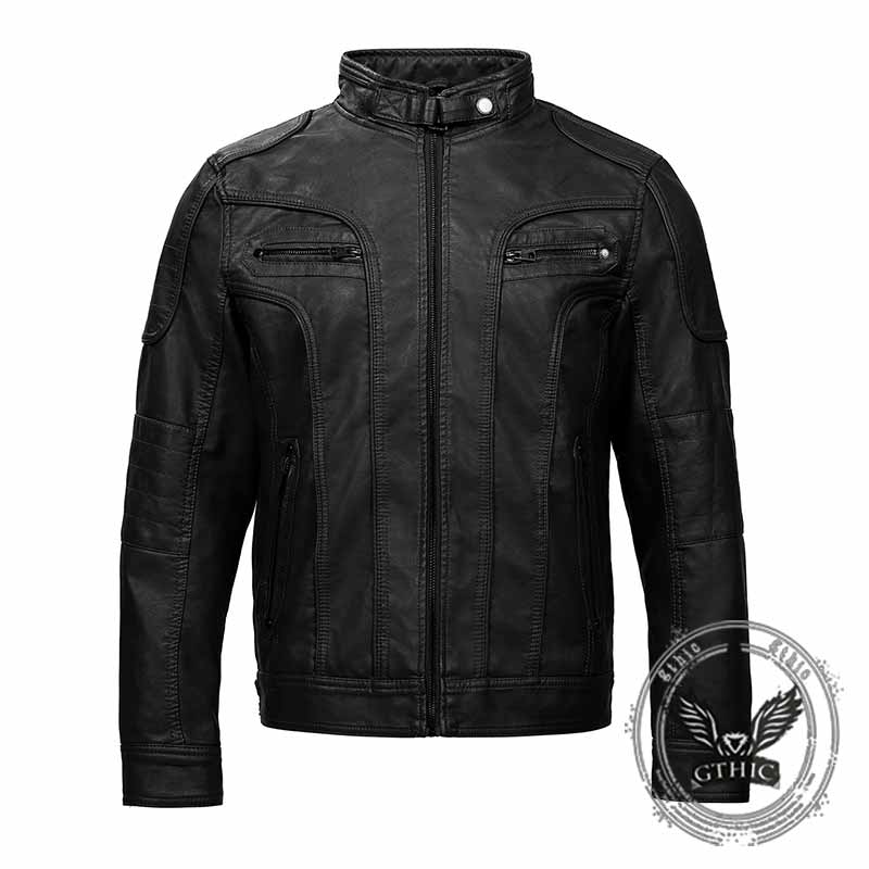 Fashion Solid Stand Collar PU Leather Cycling Jacket 02 | Gthic.com