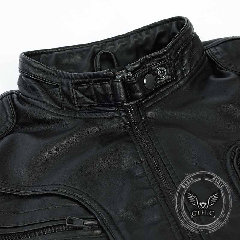 Fashion Solid Stand Collar PU Leather Cycling Jacket